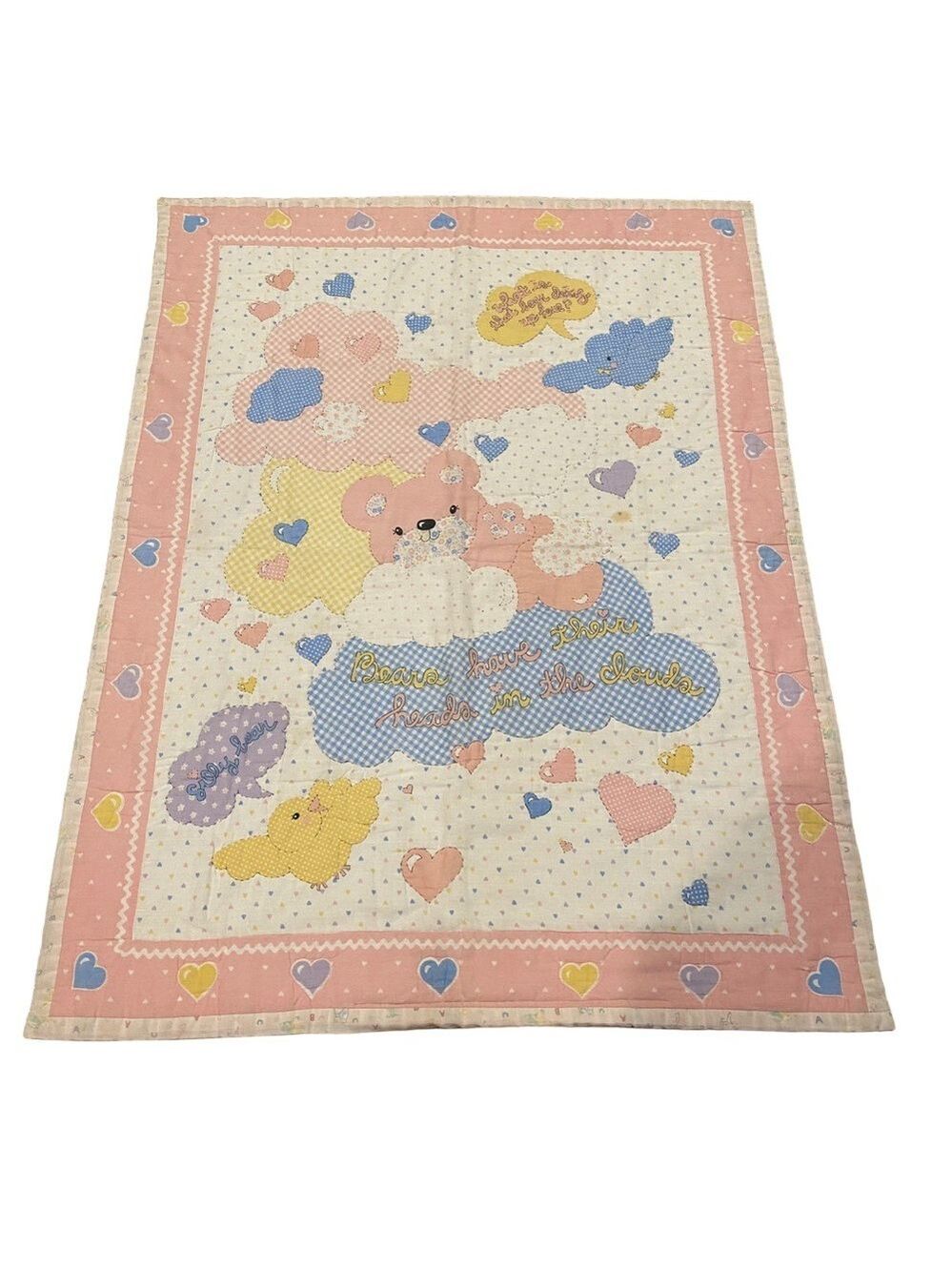 Vintage Baby Quilt Pastel Patchwork Teddy Bear Bird Heart Polka Dot 90s Blanket